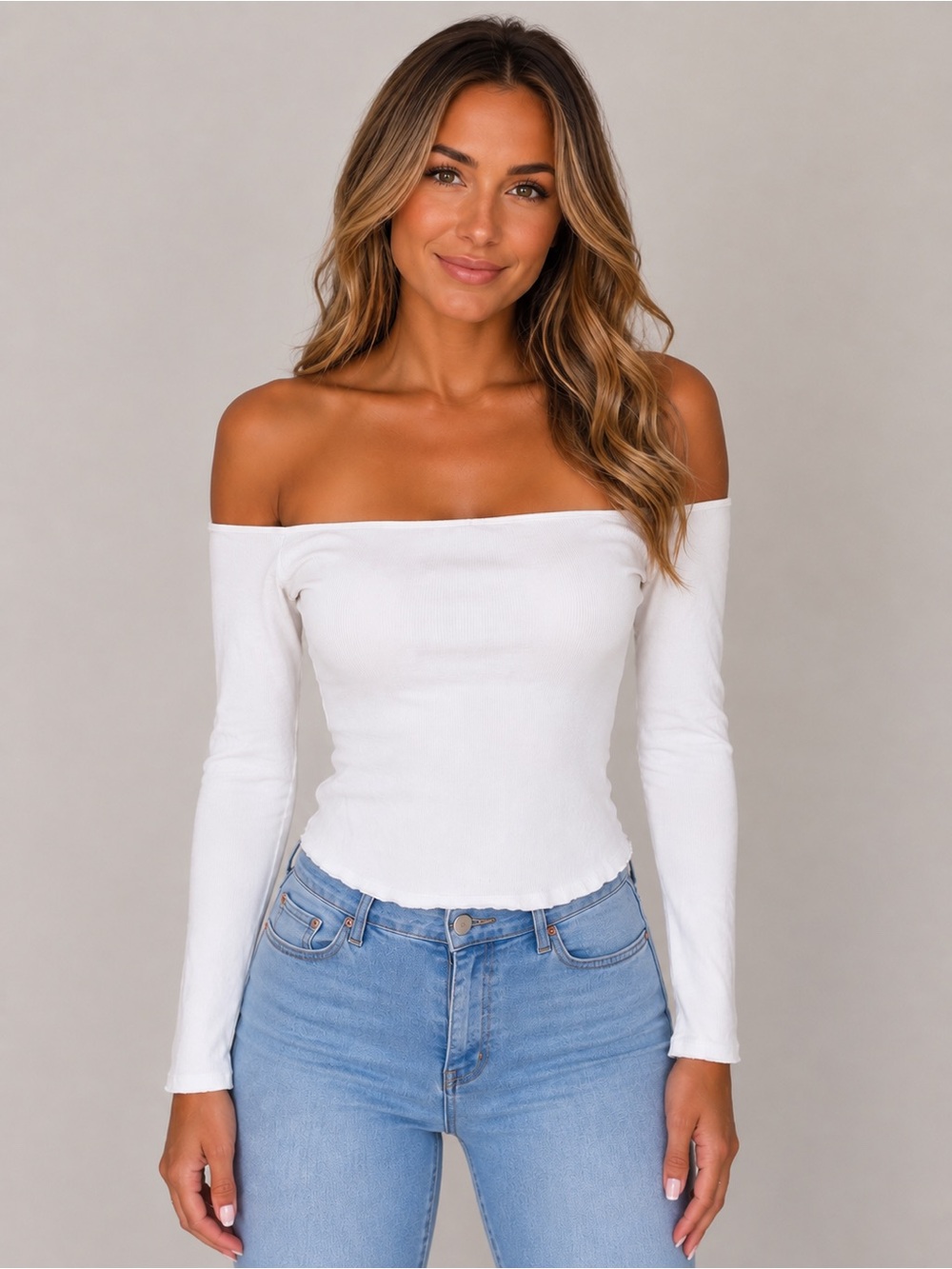 Halara White Ribbed Off Shoulder Top Built-In Bra Long Sleeve #1046